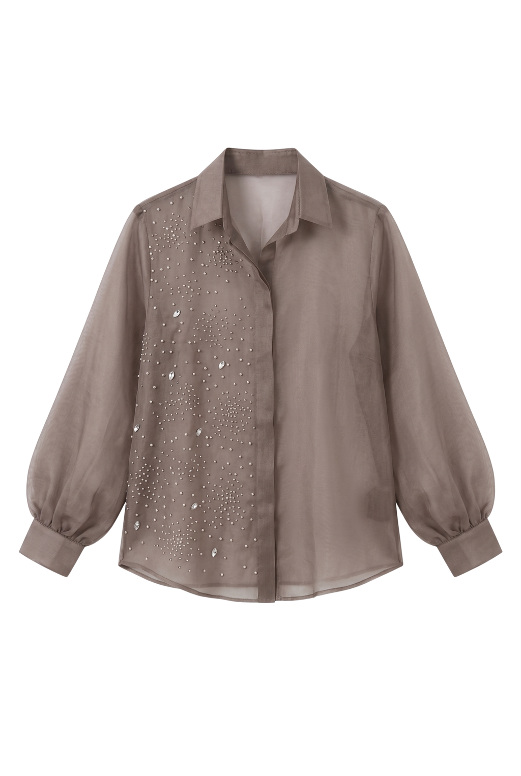 Gray Pearl-Embellished Pure Organza Shirt