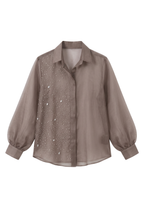 Gray Pearl-Embellished Pure Organza Shirt
