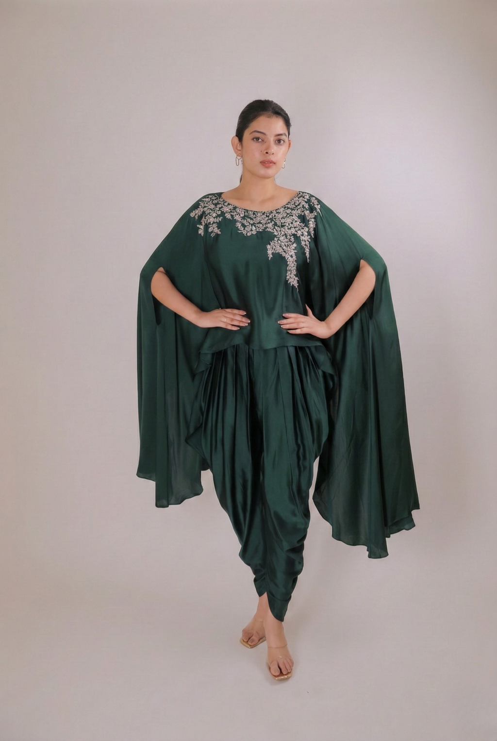 Emerald Cascade Satin Dhoti Set