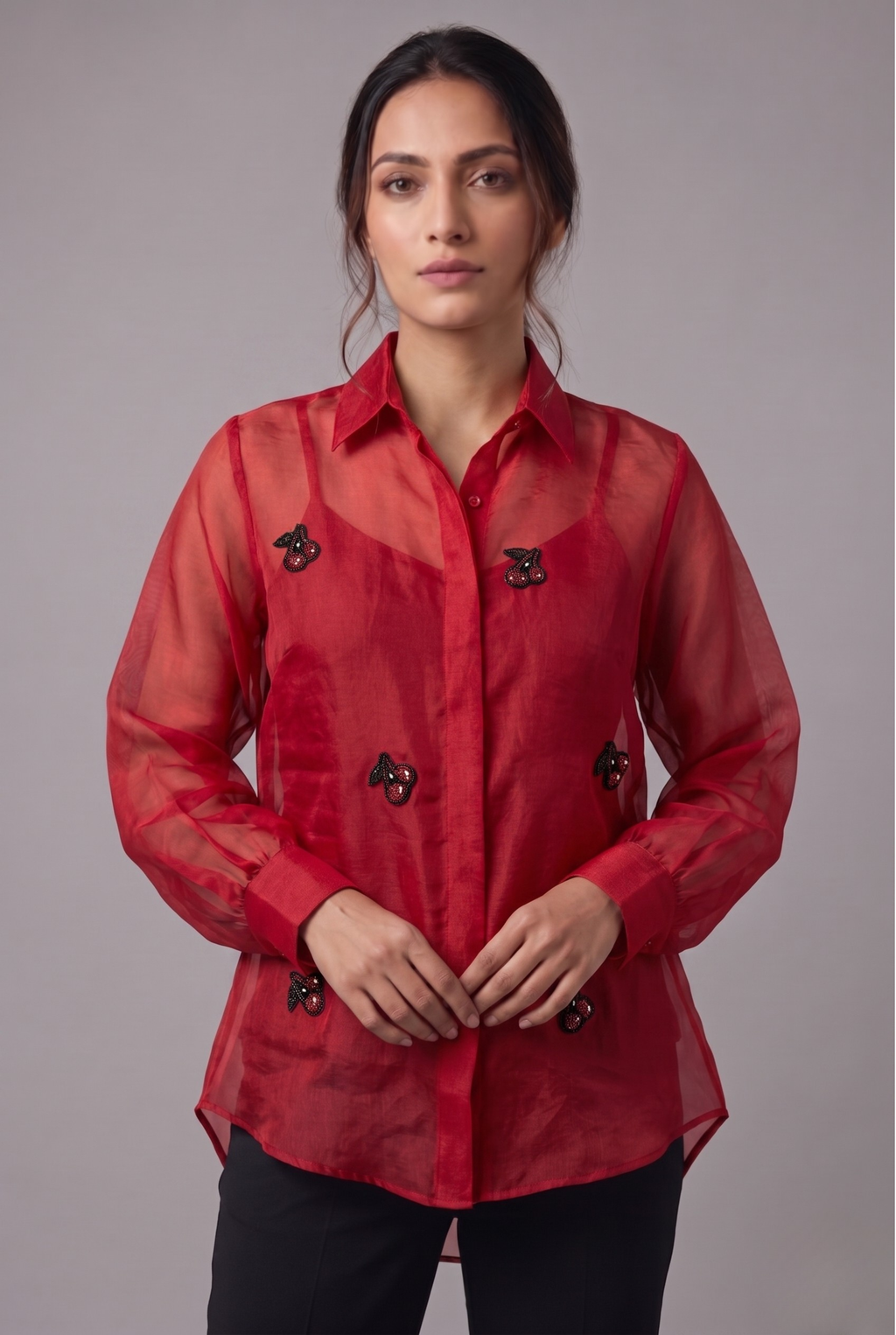 Radiant Red Cherry Embellished Sheer Shirt