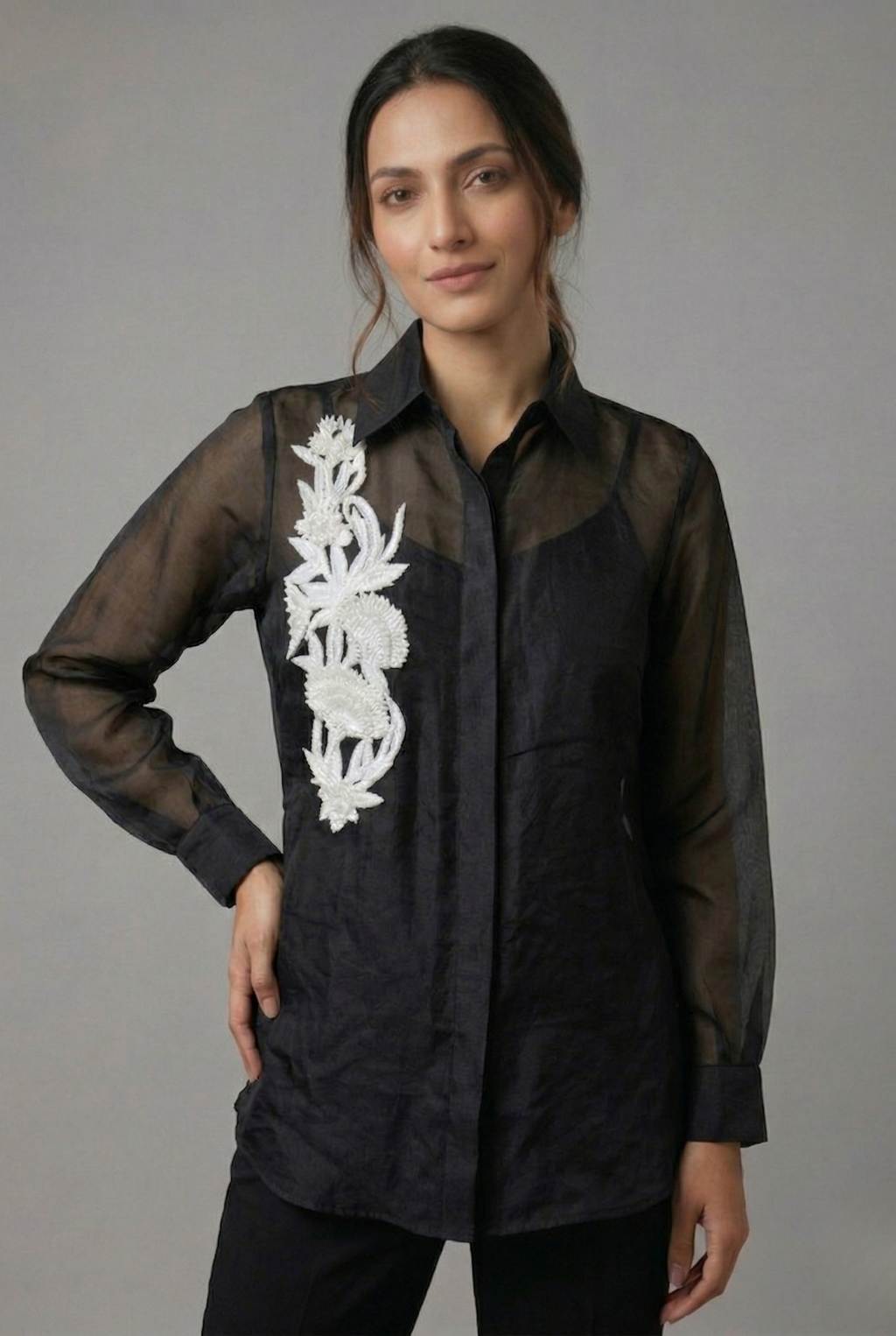 Midnight Bloom Hand-Embroidered Organza Shirt