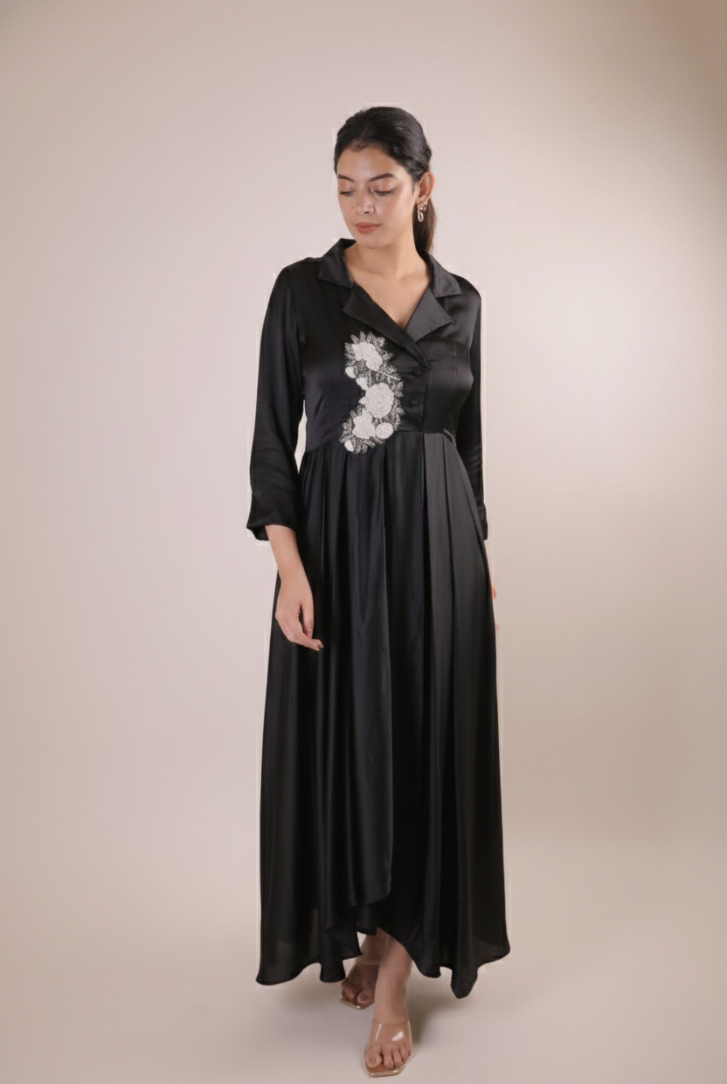 The Midnight Black Artisanal Flora Satin Frock