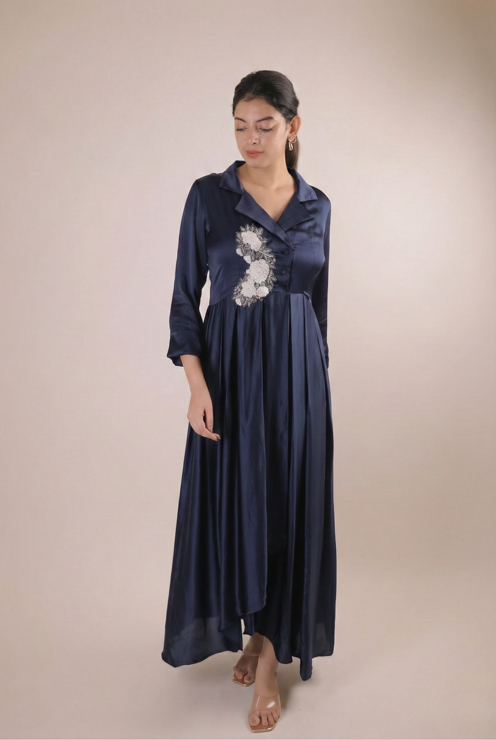 The Sapphire Navy Artisanal Flora Satin Frock