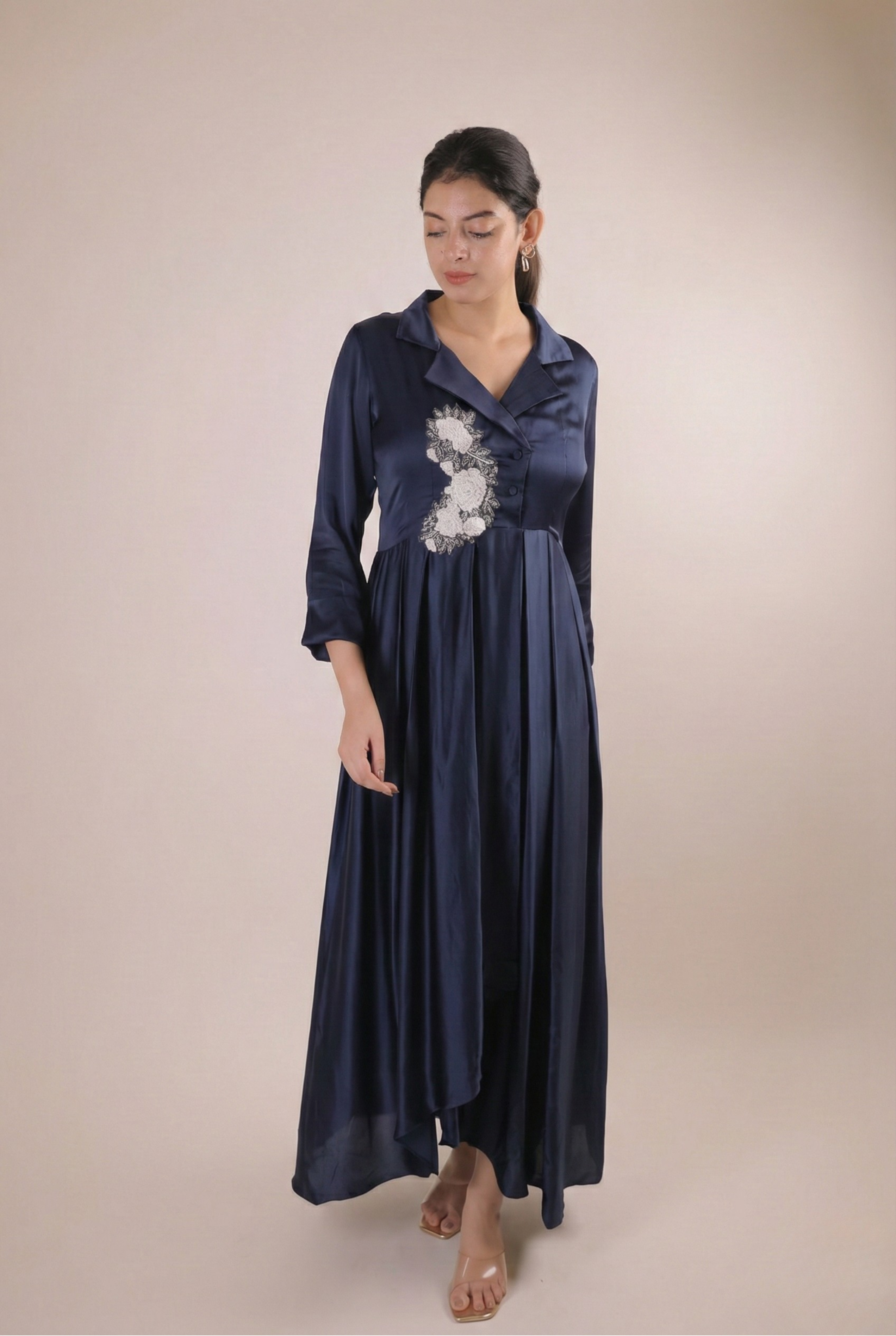 The Sapphire Navy Artisanal Flora Satin Frock
