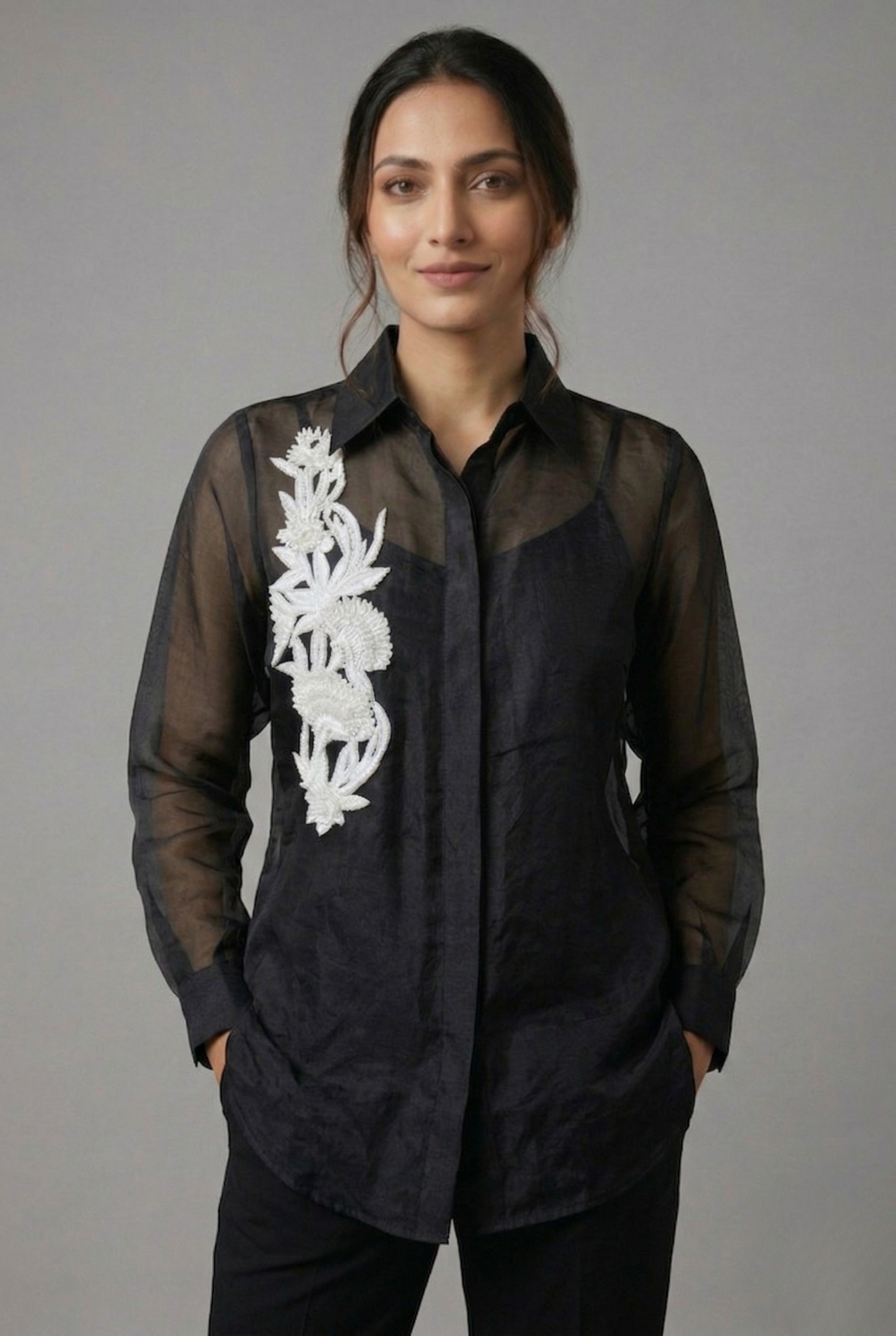 Midnight Bloom Hand-Embroidered Organza Shirt