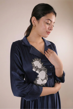 The Sapphire Navy Artisanal Flora Satin Frock