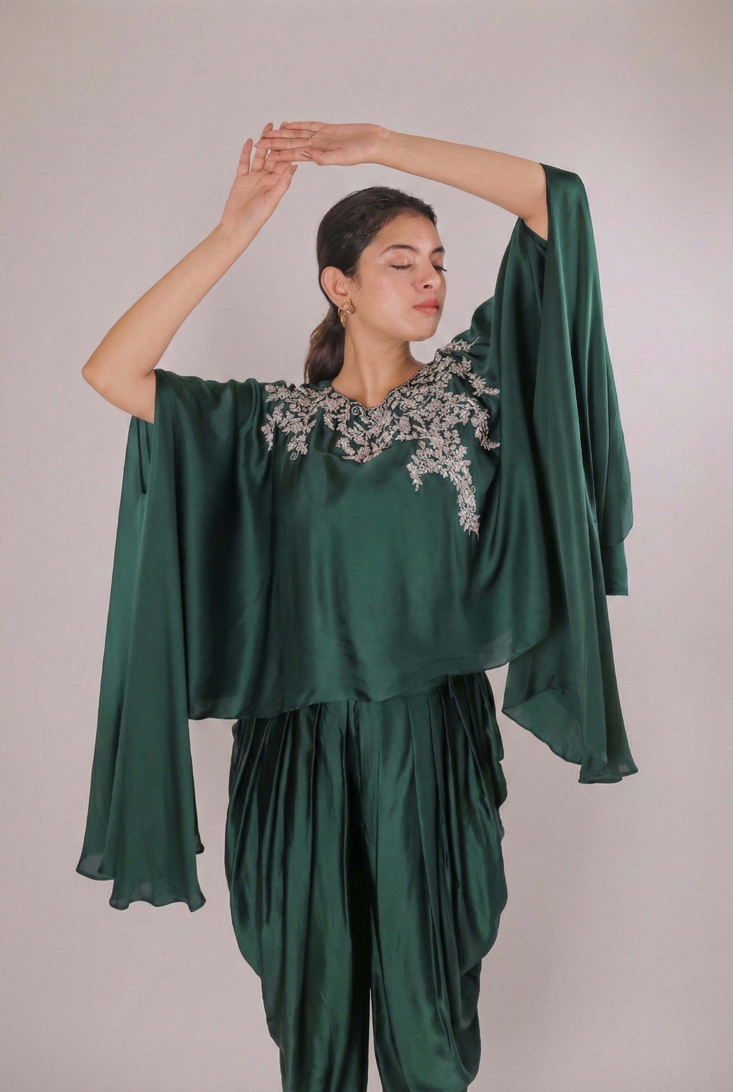 Emerald Cascade Satin Dhoti Set