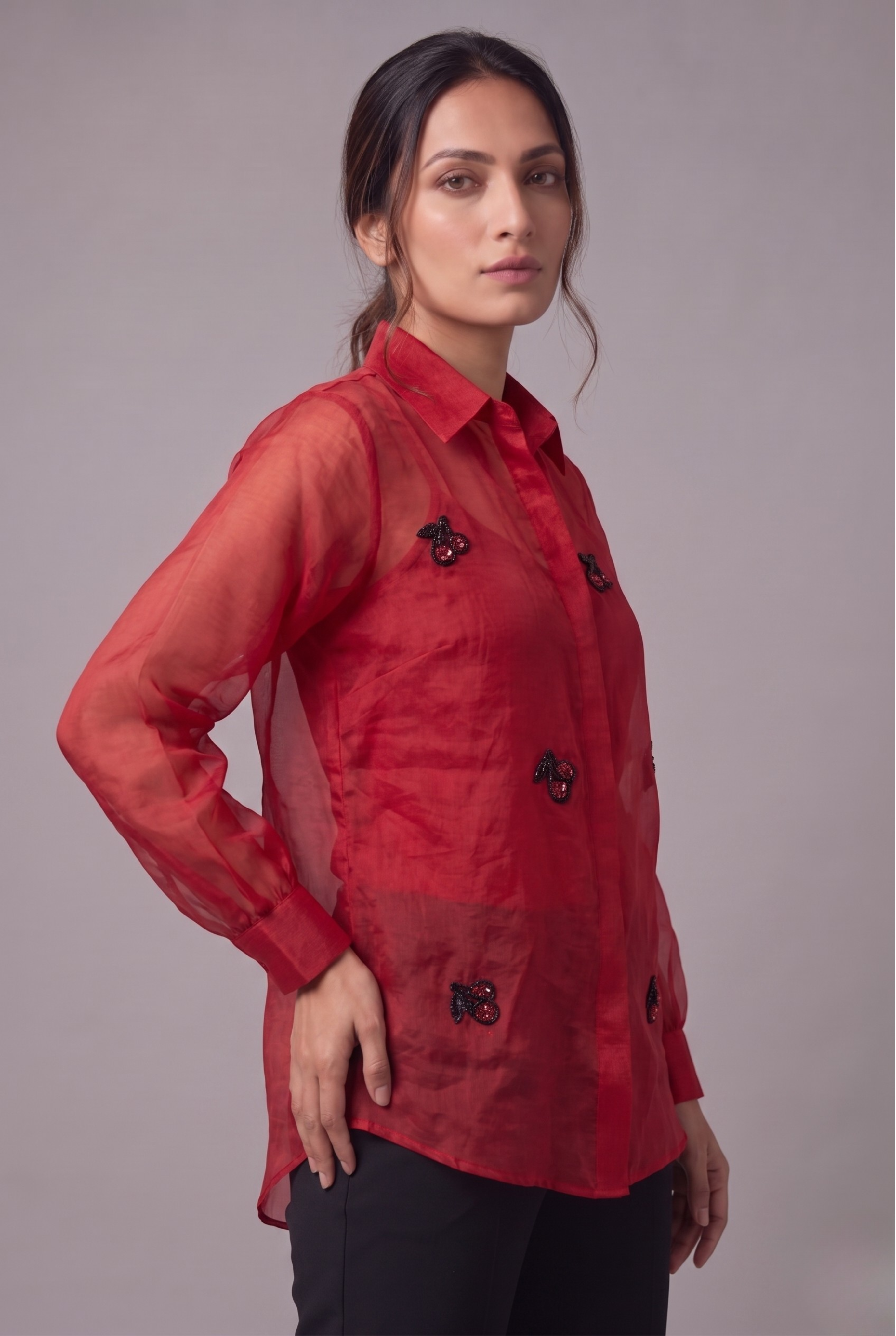 Radiant Red Cherry Embellished Sheer Shirt