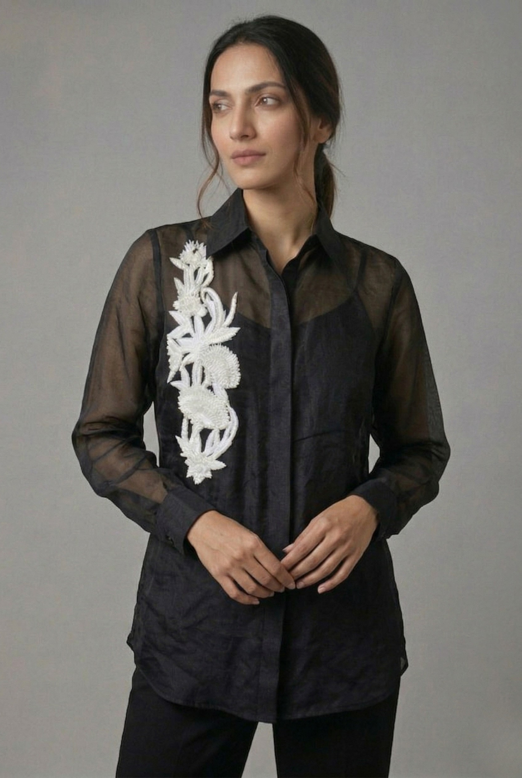 Midnight Bloom Hand-Embroidered Organza Shirt