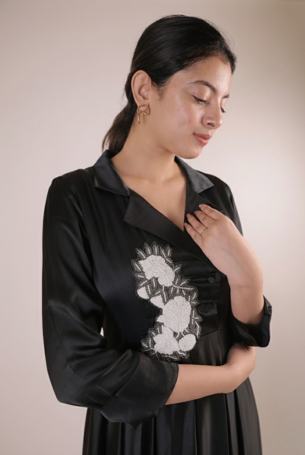 The Midnight Black Artisanal Flora Satin Frock