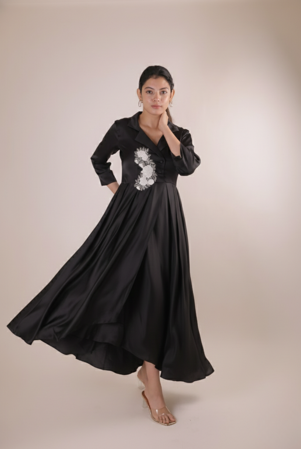 The Midnight Black Artisanal Flora Satin Frock
