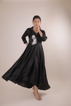 The Midnight Black Artisanal Flora Satin Frock